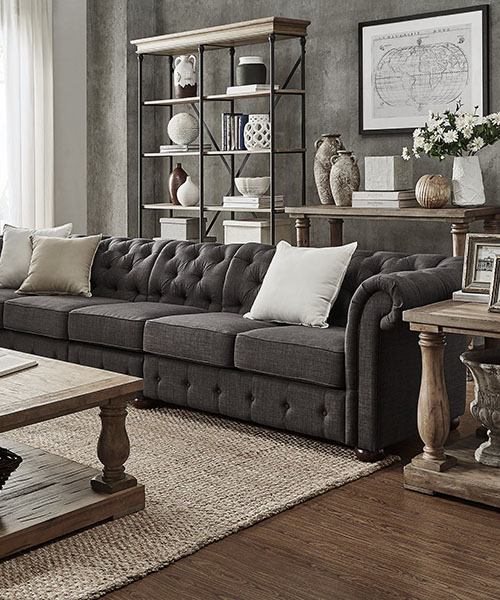 Grey Farmhouse Sofa In Linen Or Velvet, Rustic Living Room Sofa Set