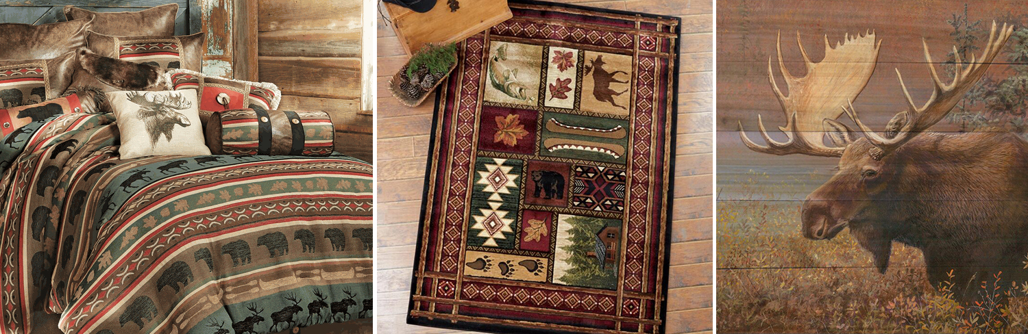 Cabin Lodge Themed Kitchen Towels with Bear, Moose, and Antler Print