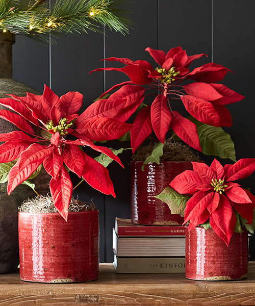 Faux Potted Red Poinsettias